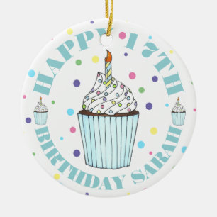 Happy Birthday Cupcake Candle Pastel Polka Dots Ceramic Ornament