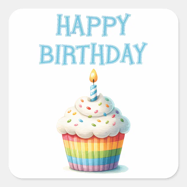Happy Birthday Cupcake Square Sticker | Zazzle