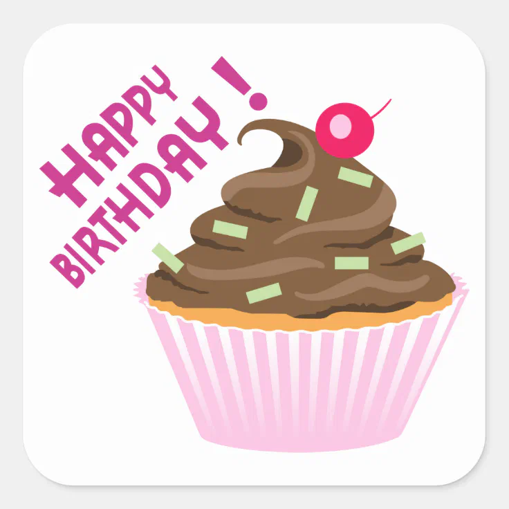 Happy Birthday Cupcake Square Sticker | Zazzle