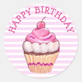 Happy Birthday Cupcake Stickers Pink And White by Everything_Grandma at Zazzle