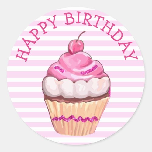 Happy Birthday Cupcake Stickers pink and white