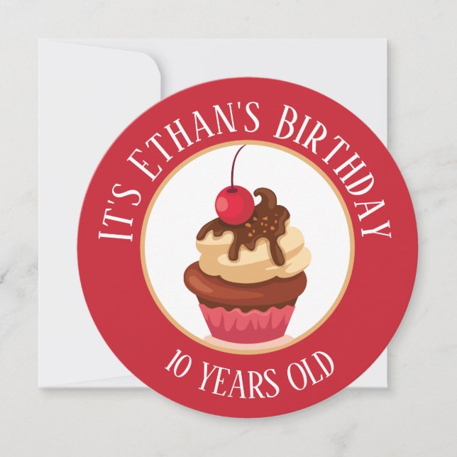 Happy Birthday, Cupcake w/Cherry on Top Circle  Invitation (Front)