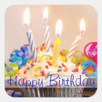 Happy Birthday Cupcake With Candles Square Sticker by Meg_Stewart at Zazzle