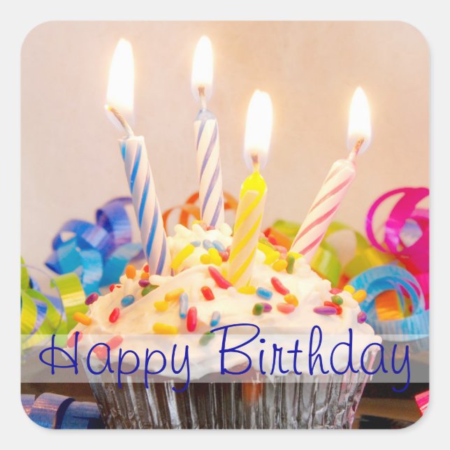 Happy Birthday Cupcake with Candles Square Sticker (Front)