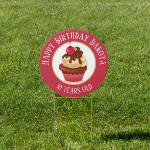 Happy Birthday, Cupcake with Cherry on Top Sign