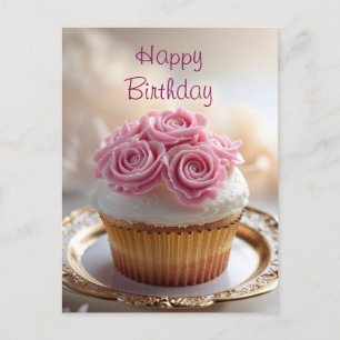 Happy Birthday Cupcake with Pink Cream Roses  Postcard
