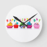 Happy Birthday Cupcakes Round Clock at Zazzle