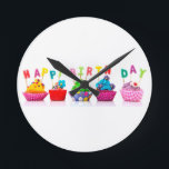 Happy Birthday Cupcakes Round Clock<br><div class="desc">Celebrate the Birthday Child/Adult with a special,  festive,  sweet,  cupcake picture. Fun and Colorful</div>