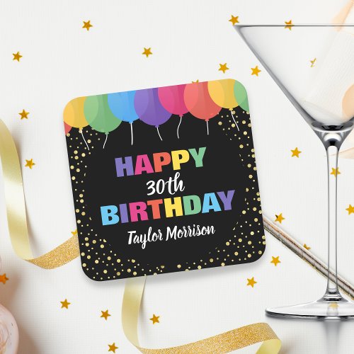 Happy Birthday Custom Age Name Colorful Balloons Square Paper Coaster