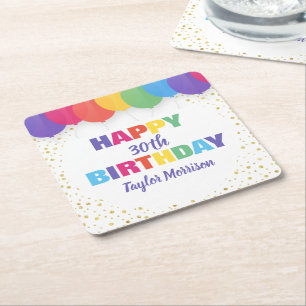 Happy Birthday Custom Age Name Colorful Balloons Square Paper Coaster