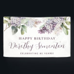 Happy Birthday Custom Banner Purple Floral 80th<br><div class="desc">Soft watercolor purple lilacs create a pretty springtime 80th birthday welcome banner. The calligraphy adds an elegant touch. All of the text is easily edited. This item is part of the Purple Spring Lilac Flower collection. It lets you choose a theme and then easily create a unique invitation suite, welcome...</div>