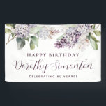 Happy Birthday Custom Banner Purple Floral 80th<br><div class="desc">Soft watercolor purple lilacs create a pretty springtime 80th birthday welcome banner. The calligraphy adds an elegant touch. All of the text is easily edited. This item is part of the Purple Spring Lilac Flower collection. It lets you choose a theme and then easily create a unique invitation suite, welcome...</div>