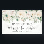 Happy Birthday Custom Banner White Floral 21st<br><div class="desc">Beautiful roses create a stunning 21st birthday party welcome banner. A gorgeous arrangement of ivory white roses along with assorted vines and leaves make it a very modern floral design.</div>