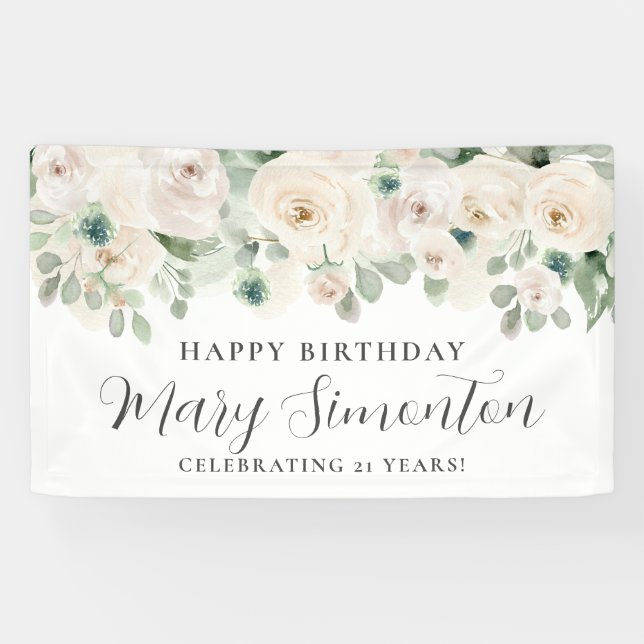 Happy Birthday Custom Banner White Floral 21st (Horizontal)