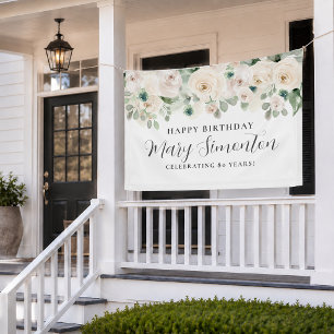 Happy Birthday Custom Banner White Floral 80th