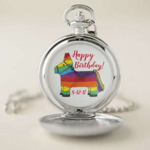 Happy Birthday Custom Date Rainbow Donkey Pinata Pocket Watch