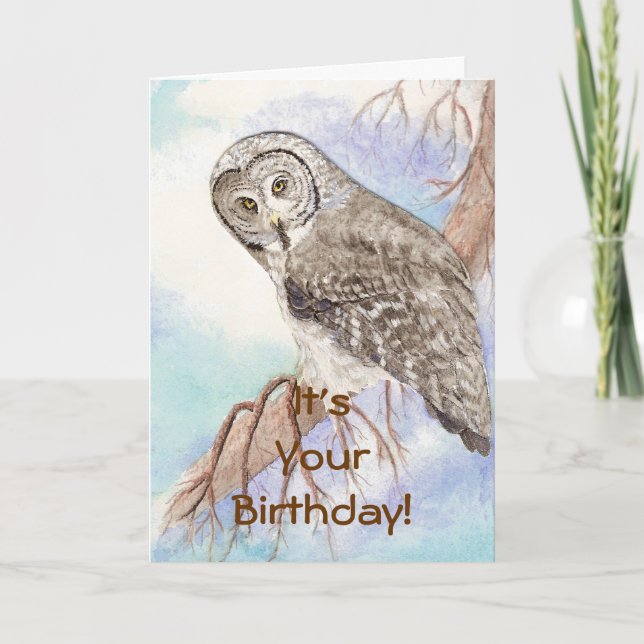 Happy Birthday Custom Great Gray Owl, Bird Nature Card (Front)