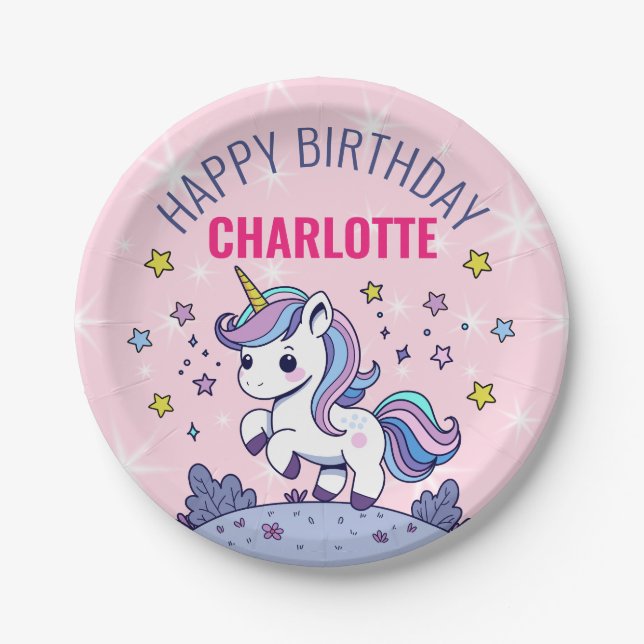 Happy Birthday Custom Magical Unicorn Paper Plates (Front)