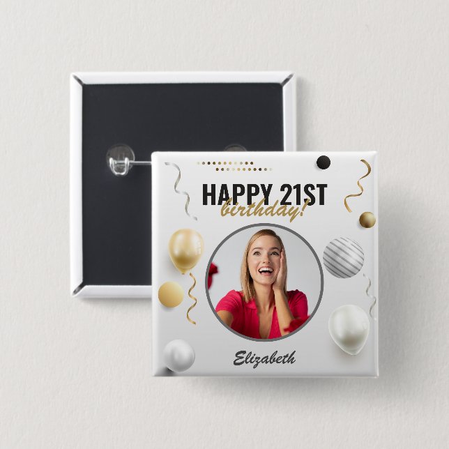 Happy Birthday Custom Modern Photo Gift Button (Front & Back)