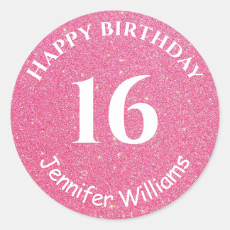 Happy Birthday Custom Name Age Year Pink Glitter Classic Round Sticker