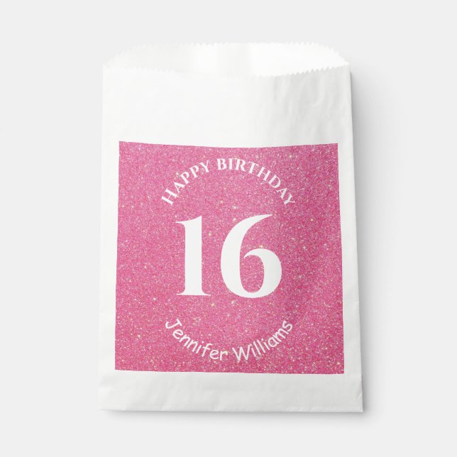 Happy Birthday Custom Name Age Year Pink Glitter Favor Bag (Front)