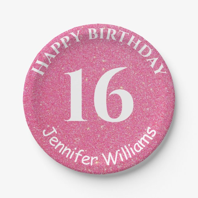 Happy Birthday Custom Name Age Year Pink Glitter Paper Plates (Front)