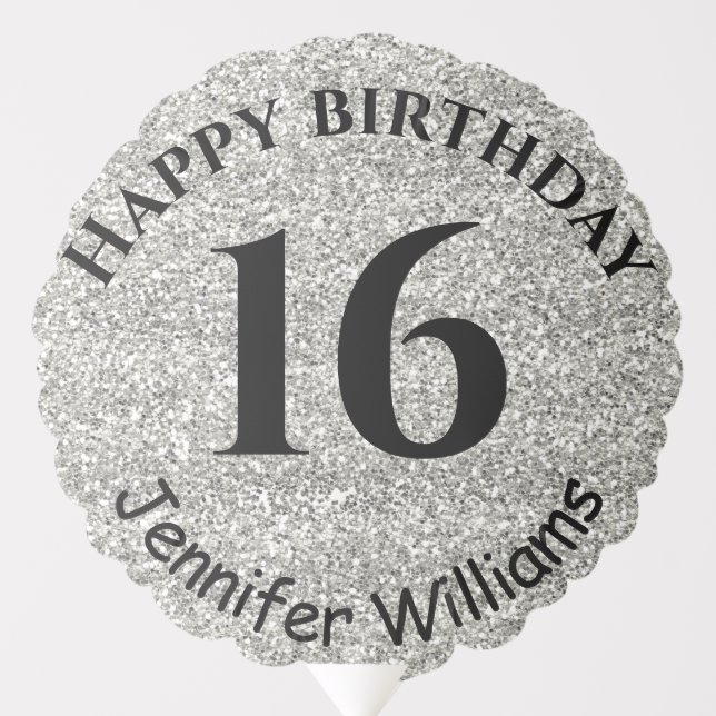 Happy Birthday Custom Name Age Year Silver Glitter Balloon (Front)