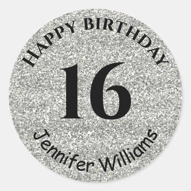 Happy Birthday Custom Name Age Year Silver Glitter Classic Round Sticker (Front)