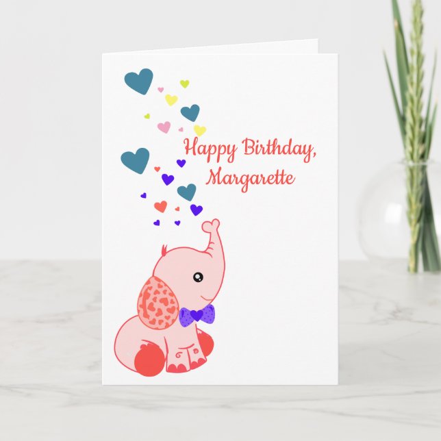 Happy Birthday, Custom name and Cute Baby Elephant Card (Front)