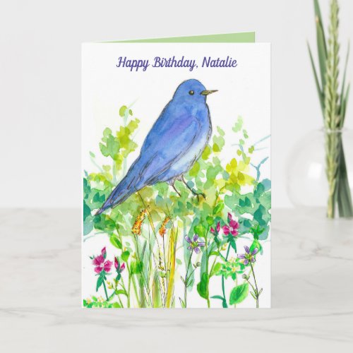 Happy Birthday Custom Name Bluebird Wildflowers Card