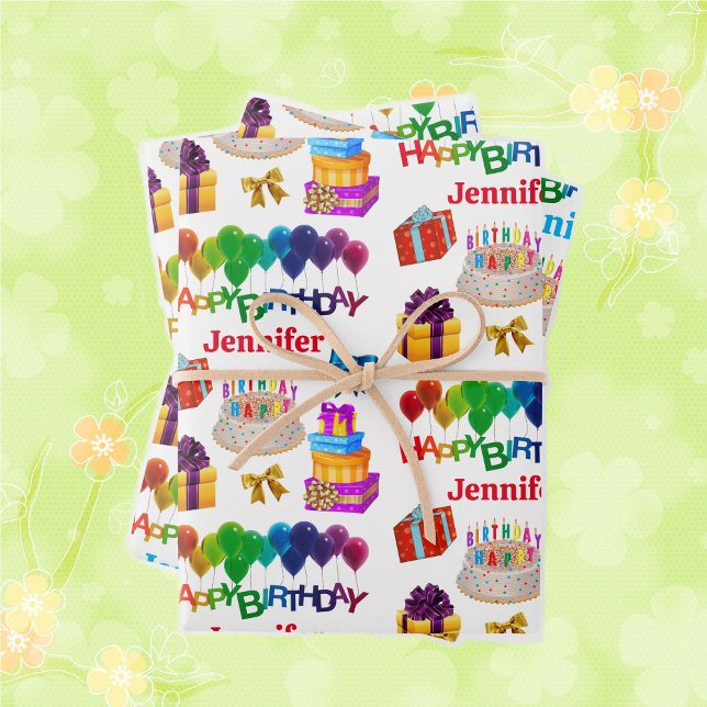Happy Birthday Custom Name Bright & Cheerful 3 Wrapping Paper Sheets (Creator Uploaded)