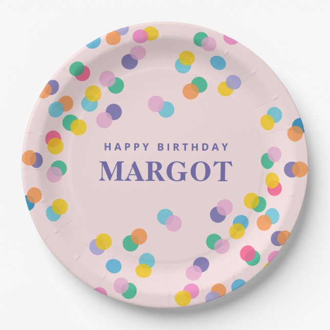 Happy Birthday Custom Name Confetti Blush Pink Paper Plates (Front)