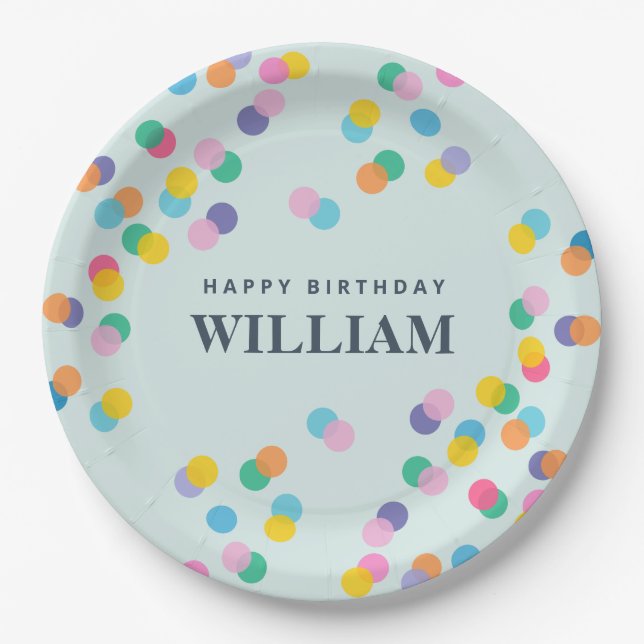 Happy Birthday Custom Name Confetti Mint Green Paper Plates (Front)
