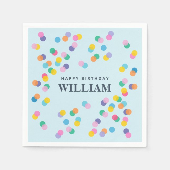 Happy Birthday Custom Name Confetti Pastel Blue Napkins (Front)