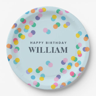 Happy Birthday Custom Name Confetti Pastel Blue Paper Plates