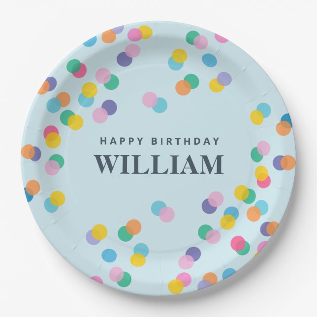 Happy Birthday Custom Name Confetti Pastel Blue Paper Plates (Front)