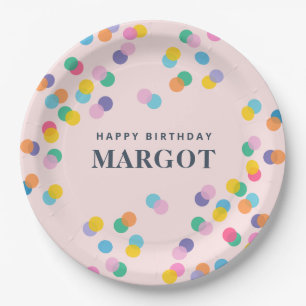 Happy Birthday Custom Name Confetti Pastel Pink Paper Plates