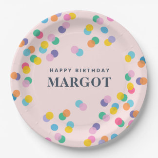 Happy Birthday Custom Name Confetti Pastel Pink Paper Plates
