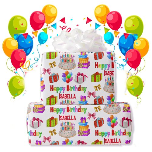 Happy Birthday Custom Name Cute and Colorful Wrapping Paper