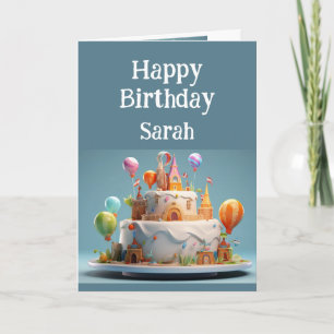 Happy Birthday Custom Name Fantasy Castle Cake Card