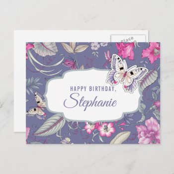 Happy Birthday. Custom Name | Flowers & Butterfly Postcard by artofmairin at Zazzle