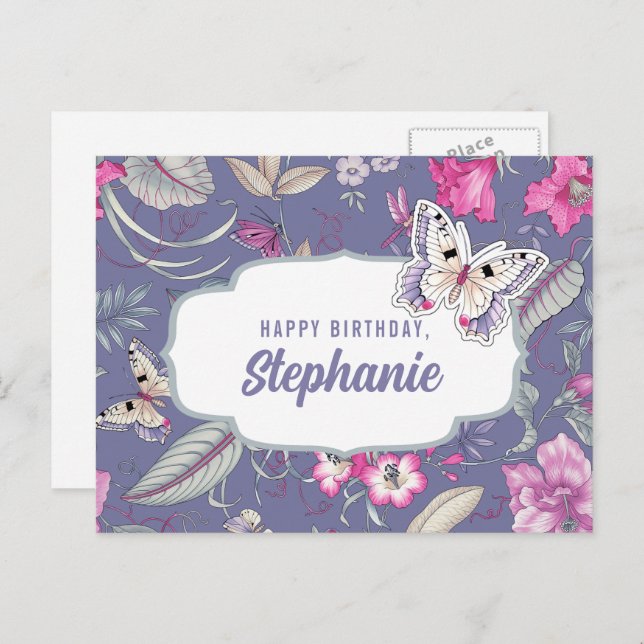 Happy Birthday. Custom Name | Flowers & Butterfly Postcard (Front/Back)