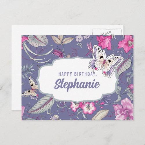 Happy Birthday Custom Name  Flowers  Butterfly Postcard