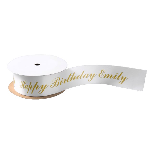 Happy Birthday Custom Name Gold Script Satin Ribbon (Spool)