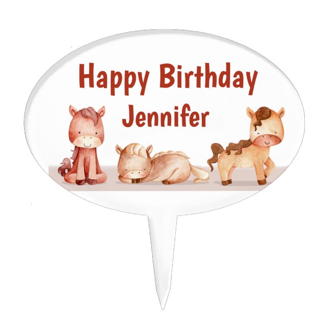 Happy Birthday Custom Name Horses Watercolor Cake  Topper (Front)