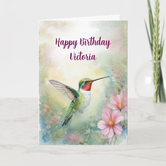 Happy Birthday Custom Name Hummingbird Bird Nature Card (Front)