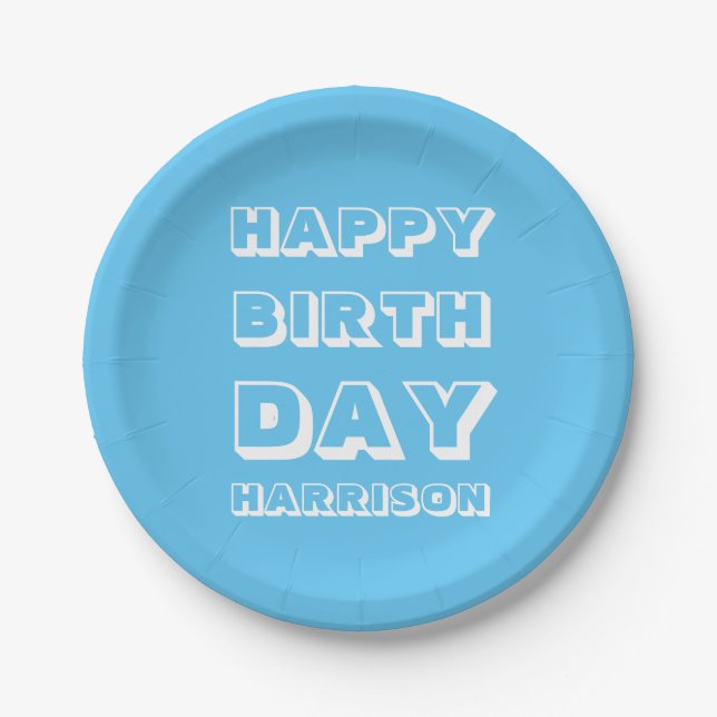Happy Birthday Custom Name light blue Modern Paper Plates (Front)