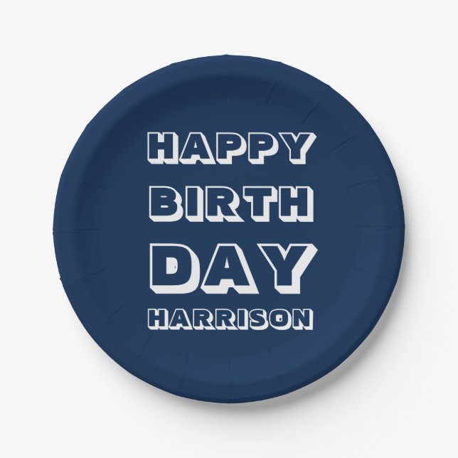 Happy Birthday Custom Name navy blue white Paper Plates (Front)