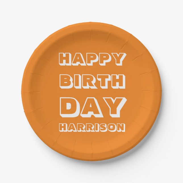 Happy Birthday Custom Name orange white Paper Plates (Front)