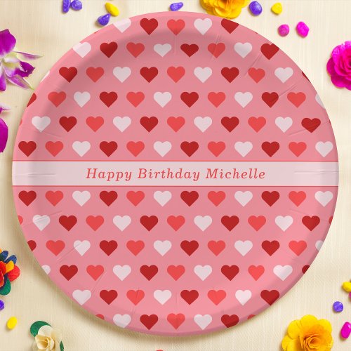 Happy Birthday Custom Name Pink Hearts Pattern Paper Plates